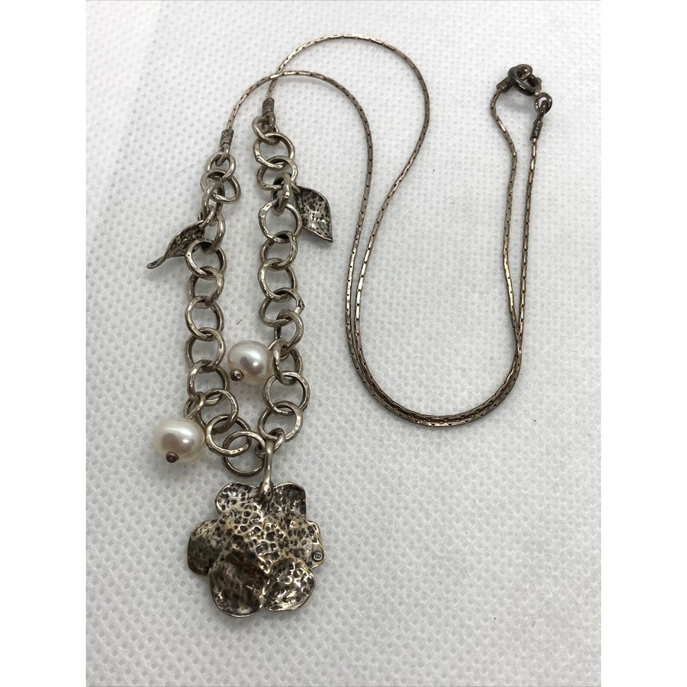 Vintage B 925 Flower Pearl Leaf Pendant 17'' Necklace Sterling 925 Silver 7.5g - Picture 6 of 8